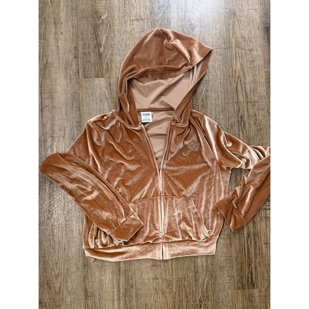 Pink Victoria's Secret Velour Full Zip Hoodie Tan Rhinestone Logo Size M
